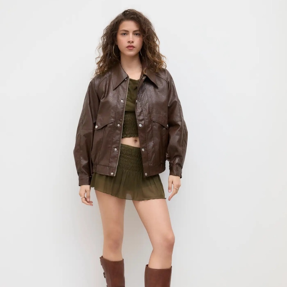 Cider Brown FAUX LEATHER ZIPPER JACKET Size XS